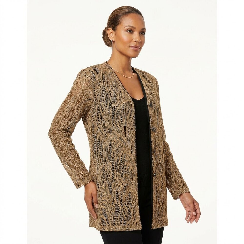 Metallic Gold Knit Button-Up Cardigan